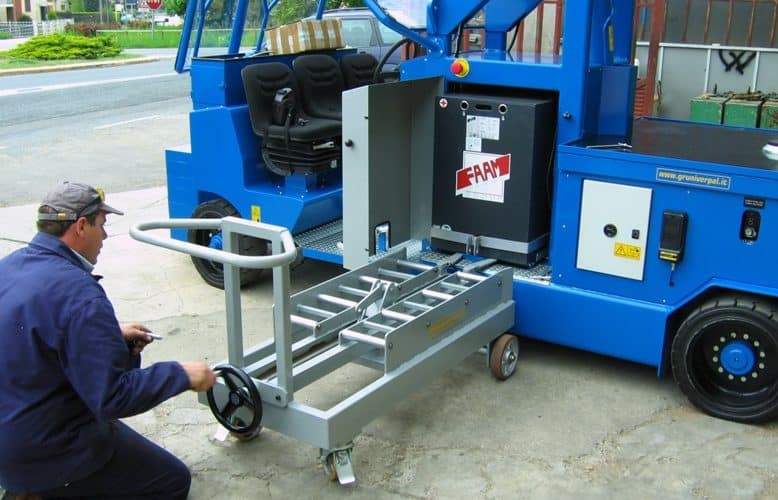 Battery changing system for lifting cranes.
